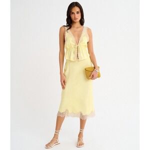 Rumored Lady Lace Midi Skirt Pastel Yellow Floral Jacquard Lace Trim XL NWT